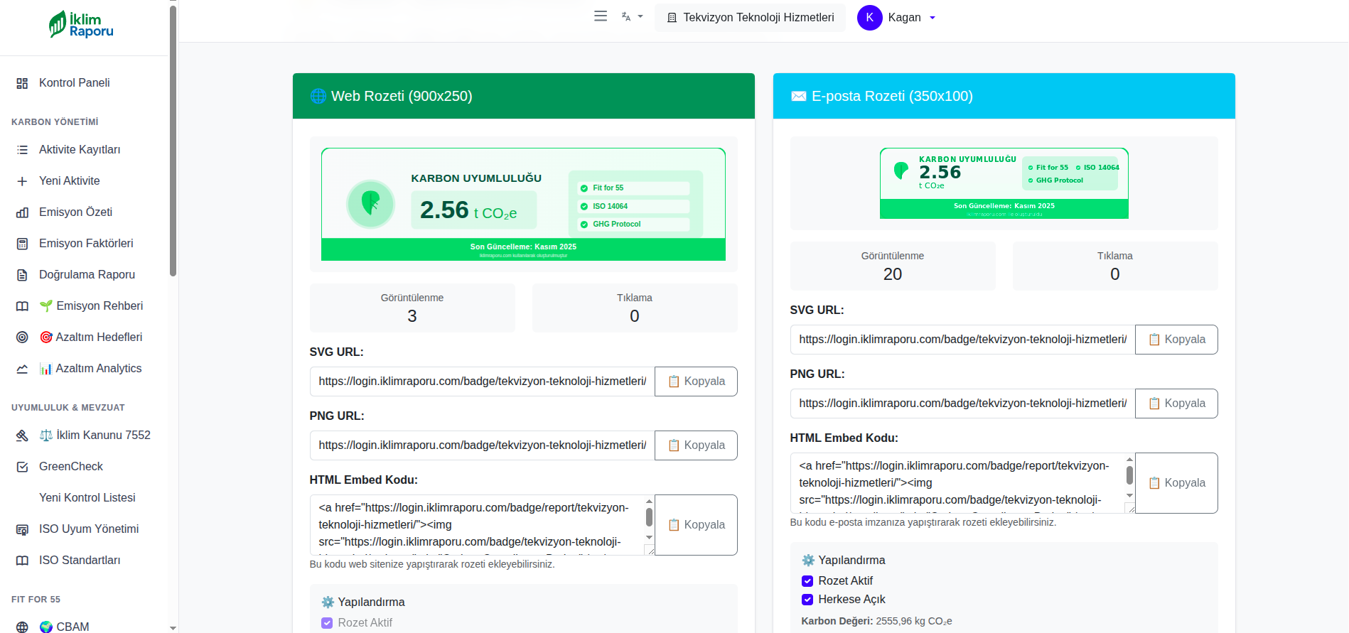 Dinamik Karbon Rozetleri - Web ve e-posta için otomatik güncellenen karbon uyumluluk rozetleri
